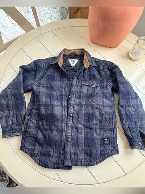 VISSLA Navy Plaid Lightweight Shirt Jacket with Brown Collar Trim